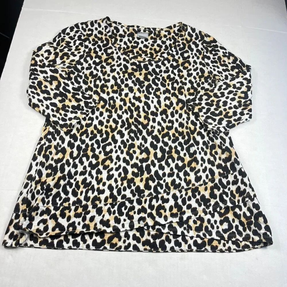Chicos Leopard Print Shirt Tiered Hem 3/4 Sleeve Casual Scoop Neck Chic Top 2 L